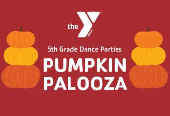 Two rows of pumpkin graphics with the Y logo in the middle and the text "5th grade dance parties pumpkin palooza"