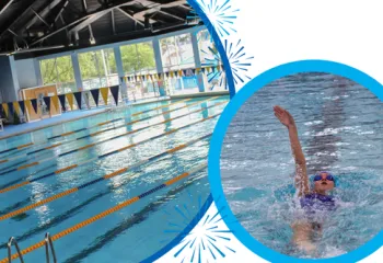 Fireworks and two bubbles. One bubble has the Cranford Pool and the other has a swimmer doing backstrokes.