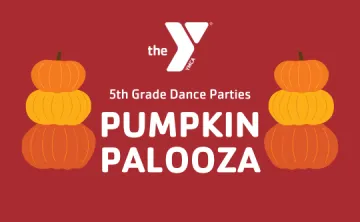 Two rows of pumpkin graphics with the Y logo in the middle and the text "5th grade dance parties pumpkin palooza"