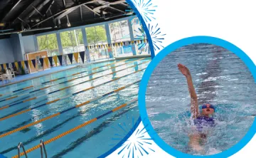 Fireworks and two bubbles. One bubble has the Cranford Pool and the other has a swimmer doing backstrokes.